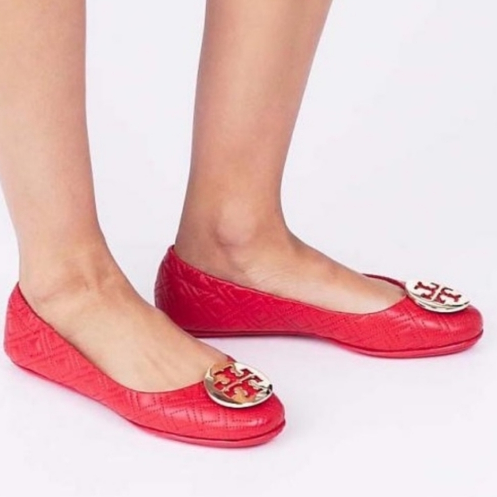 Tory Burch Quilted Minnie Nappa Leather Travel Ballet Flats, Bright Samba / Gold